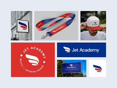 Jet Academy concept board air airplane airways billboard blue brand brand design brand identity branding cap design icon lanyard logo mockups red symbol white