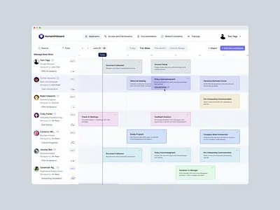 Employee Onboarding Timeline Manager app crm design hiring hr minimal new hires onboarding saas software timeline ui ux web