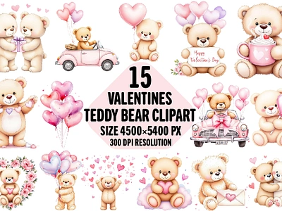 Watercolor Valentines Teddy Bear Bundle custom t shirt design custom text shirt graphic design illustration love clipart pod t shirt design