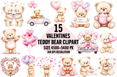 Watercolor Valentines Teddy Bear Bundle custom t shirt design custom text shirt graphic design illustration love clipart pod t shirt design