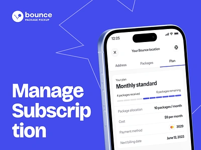 Manage subscription | Bounce Package App ai design ai ui behance project case study change subscription comparison confirmation flat design manage app minimal ui nav bar product design progress bar settings stepper subscription