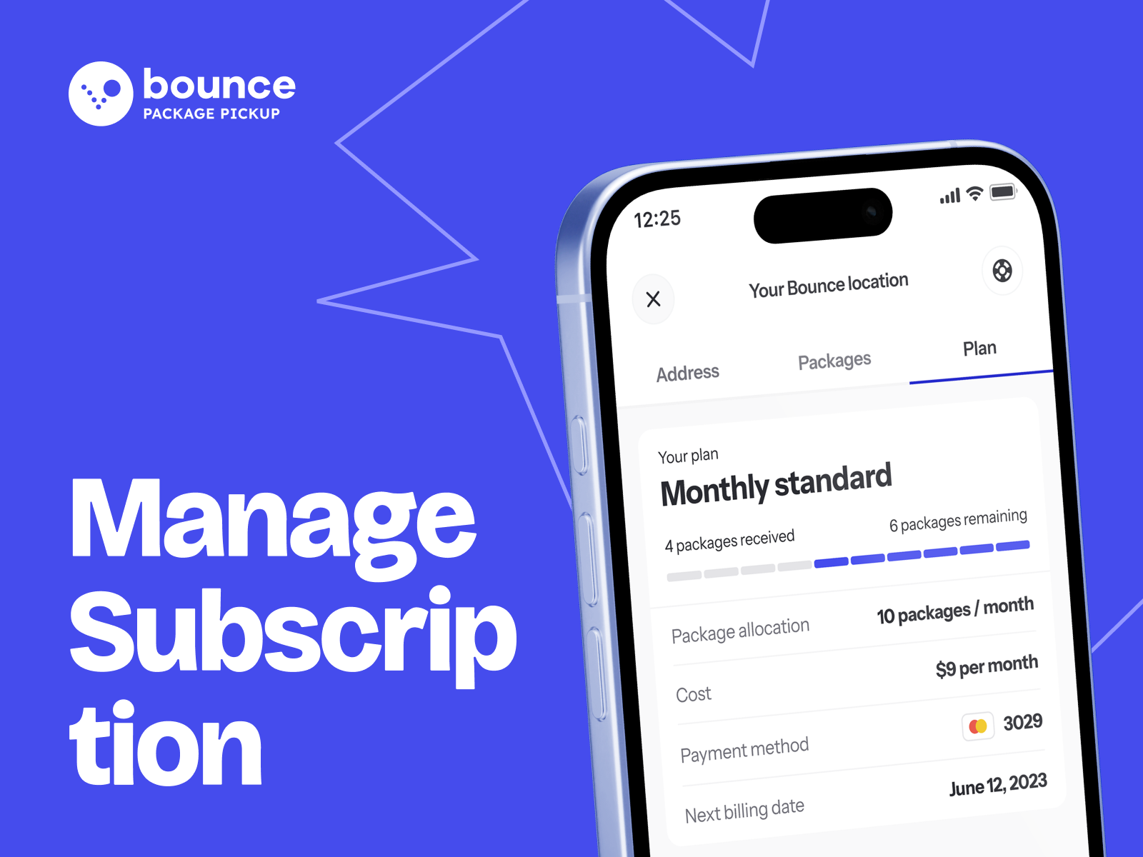 Example of Manage subscription | Bounce Package App
