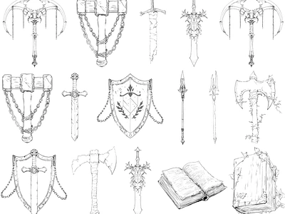 weapons and elements concept art graphic design illustration