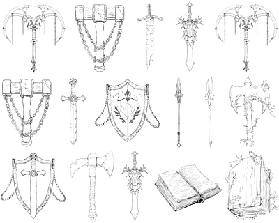 weapons and elements concept art graphic design illustration