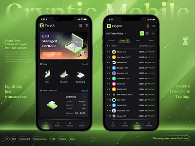 Crypto Trading App - Home & Watchlist banking app cards charts crypto mobile app cryptocurrency dark theme ecommerce mobile app featured fintech mobile app futuristic isometric mobile app mobile design popular tables trading app ui watchlist web3 web3 mobile app