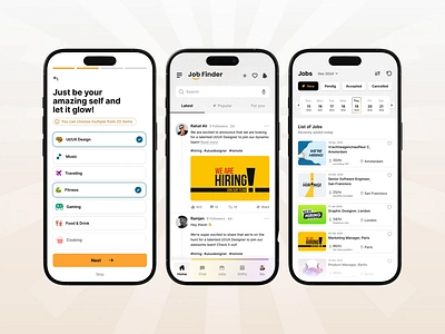 Job Finder Mobile App all app app finder clean job finder app date design clean finder app finder job app job feed ui job finder job finder app job onboarding looking for job looking job minimal app mobile onboarding ui profie