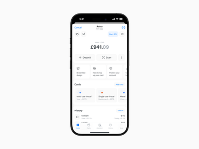 Astra Virtual Cards Telegram Mini App apple banking blue cards clean design crypto finance gray interaction design ios mini app minimal ui mobile modern design telegram ui ux ux design web3 white