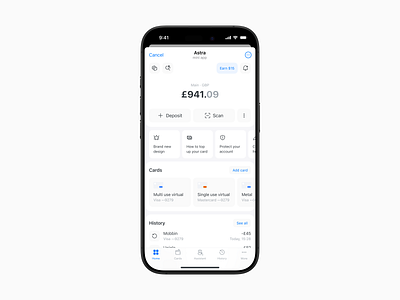Astra Virtual Cards Telegram Mini App apple banking blue cards clean design crypto finance gray interaction design ios mini app minimal ui mobile modern design telegram ui ux ux design web3 white