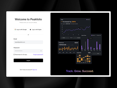 Peakfolio - Login Page animation branding button cards charts darkmode data design finance input investment log in login minimalist orange product purple ui ux uxui