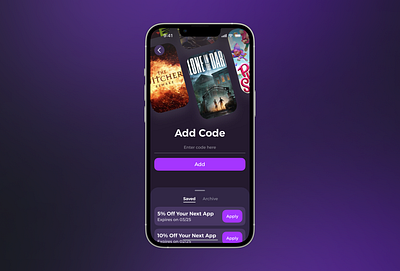 Promo code Game store App 3d activity animation branding button card chips game mobile app promo code ui ux