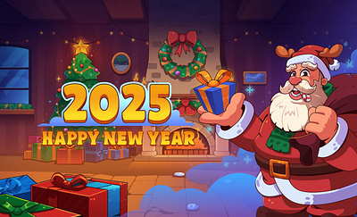 Happy New Year from Neomodeon Studio!🎉 2025 2d 2d game atmosphere cartoon style character christmas cute fireplace gift happy new year holiday illustration merry christmas new year present santa claus