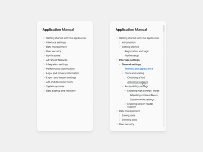 Clear and minimal tree view blue clear data tree grey knowledge base minimal navigation product product documentation structure tree view ui ux web white