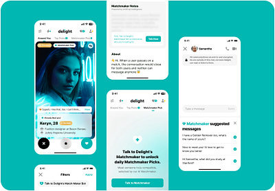 Matchmaker. AI dating app. Delight iOS app ai dating app dating datingapp discovery page find love finder interface ios ios app love match matching matchmaker meet minimal mobile app mobile ui partner relationship