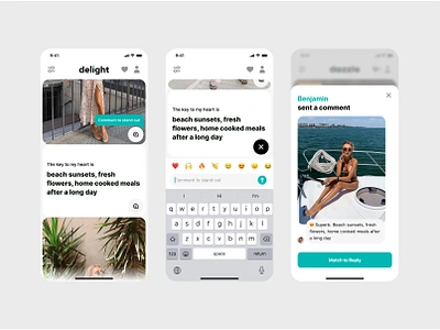 Comment to stand out. Delight app dating ai dating app branding dating datingapp discovery page find love finder interface ios ios app love match matching matchmaker meet mobile app mobile ui partner relationship ui
