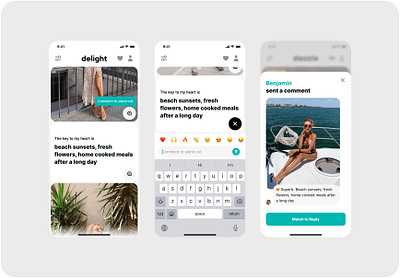 Comment to stand out. Delight app dating ai dating app branding dating datingapp discovery page find love finder interface ios ios app love match matching matchmaker meet mobile app mobile ui partner relationship ui