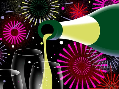 New Year's Eve bottle champagne colorful design drink fireworks illustration party sequin sparkling stars wine