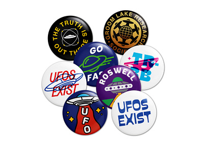 UFO Themed Button Badges badge badges branding button badges emblem etsy flying saucers graphic design icons identity illustration line work logo logo design logos paranormal type typography uap ufos