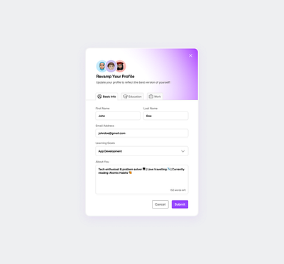 🟣 Update Profile Modal UI apple avatar clean font geist gradient graphic design inter memoji modal modern popup profile purple startup ui ui design update profile ux ux design