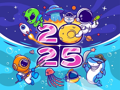 Welcome 2025🚀🎉 2025 2025 calendar animals astronaut branding cartoon character cute diver doodle flat icon illustration logo new year new year 2025 ocean rocket sea space