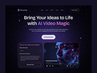 AI Video Generator Website ai landing page ai video ai video generator landing page ai website ai website design app design artificial intelegence design editing video editor figma figma design modern saas design ui ux video creation software video editing video editing tool web design website design