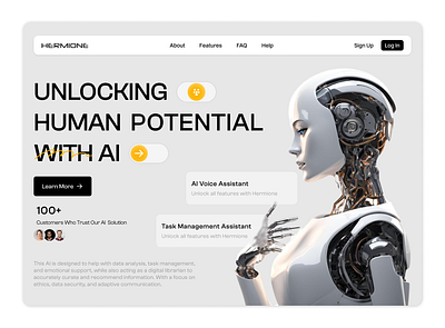 HERMIONE - Website for AI Assistant 3d ai ai website artificial intelligence branding landing page robot ui ux website design