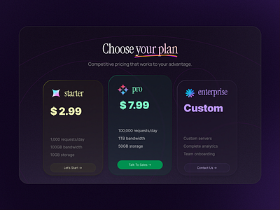 Float UI: Pricing blue card colorful dark dynamic exciting landing page pricing ui