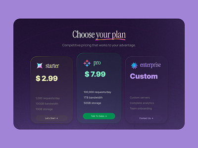 Float UI: Pricing blue card colorful dark dynamic exciting landing page pricing ui