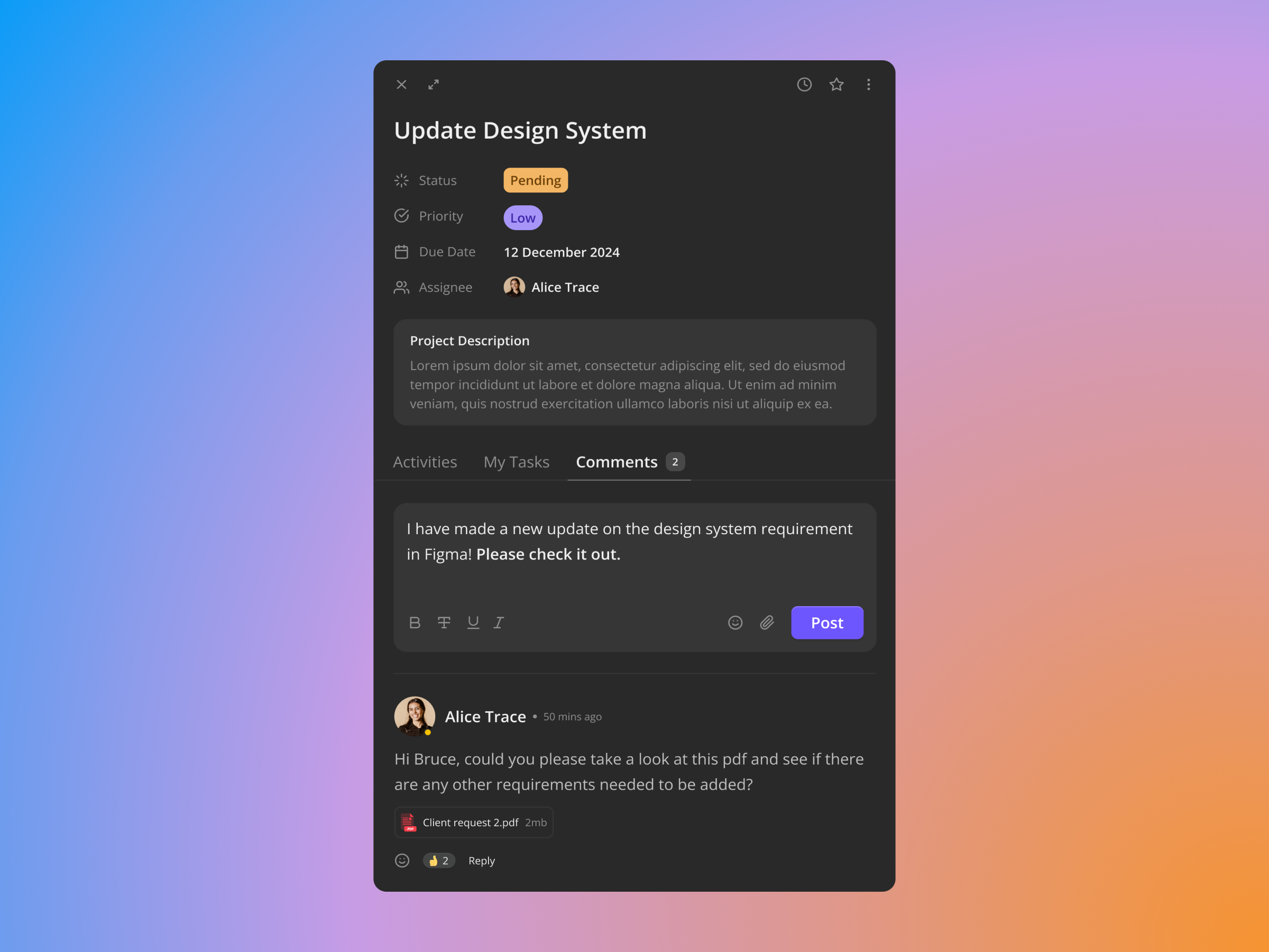 Project Tasks and Comments app card design components dark mode dark ui dashboard design ios light mode mobile design modern ui pop up sass ui ux web design weidgets