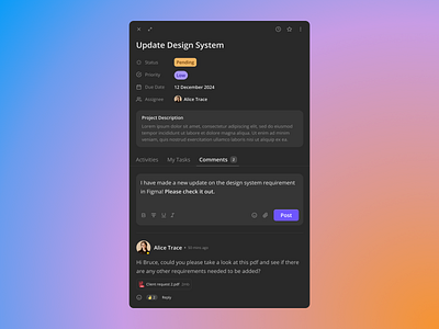 Project Tasks and Comments app card design components dark mode dark ui dashboard design ios light mode mobile design modern ui pop up sass ui ux web design weidgets