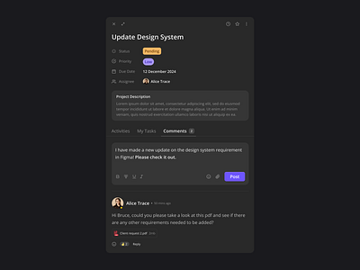 Project Tasks and Comments app card design components dark mode dark ui dashboard design ios light mode mobile design modern ui pop up sass ui ux web design weidgets