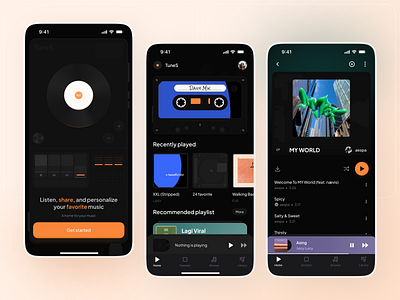 TuneS - Music & Audio Player App app design apple music application clean dark theme dieter rams graphic design illustration interface minimalist mobile mobile app mobile design music spotify ui ui design uiux utilities