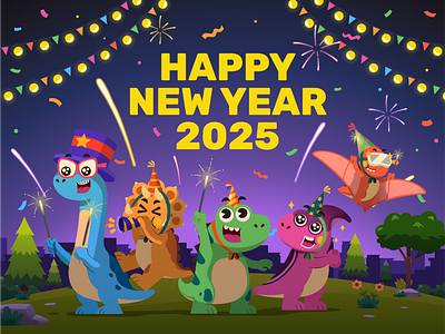 Happy New Year 2024 | Likearth Mascot 2025 character dinosaurs firework happy new year illustration mascot new year night