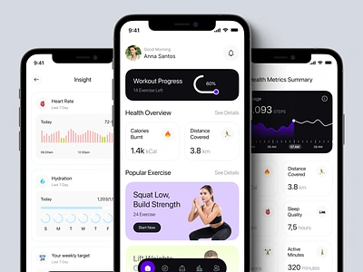 Nakafit - Health and Fitness Tracker Mobile App UI Design Kit chart data fitness health health tracker insights mobile app mobile app template ui design ux design