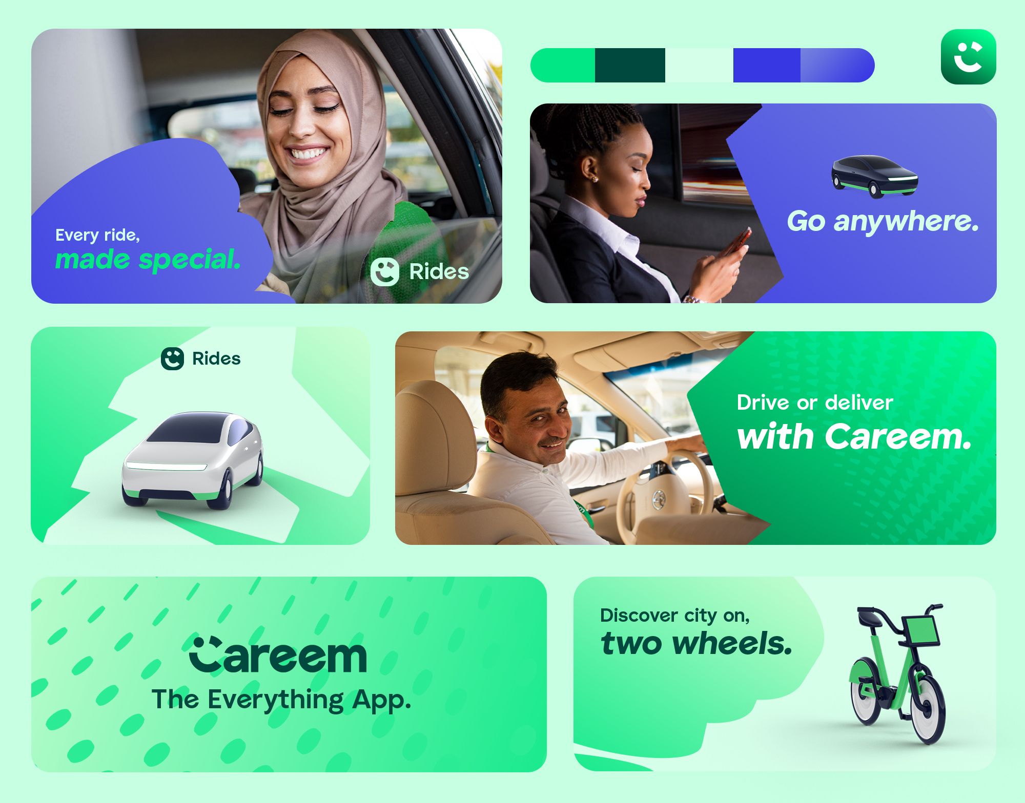 Careem Rides - visual language 3d art direction brand design brand illustration branding campaign color palette creative direction design design system geometric graphic design iconography icons marketing design patterns shapes visual design