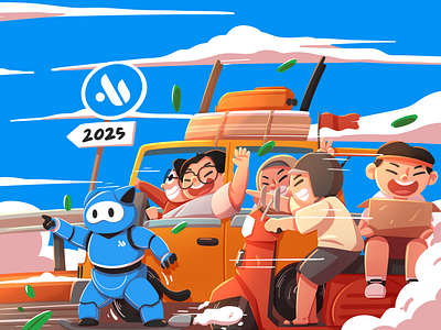 Happy New Year 2025 adventure cartoon illustration new year transportation trip