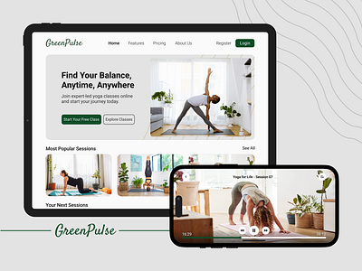 Green Pulse Yoga Website Design app app ui clean ui design hero section landing minimal ui product product design sport sport app sport website ui ui design ux web web ui yoga yoga app yoga website