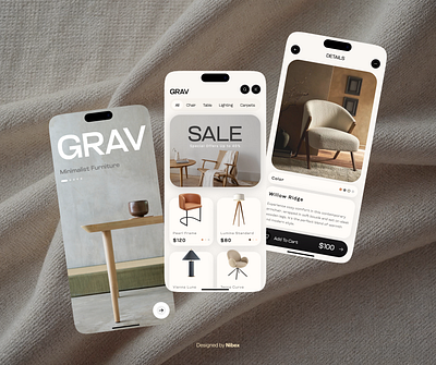 GRAV Furniture APP ⭐ app application chair dashboard design dashboard ui ecommerce design ecommerce website design figma furniture lamp logo inspiration minimal minimalist design product design shop ui ux website design