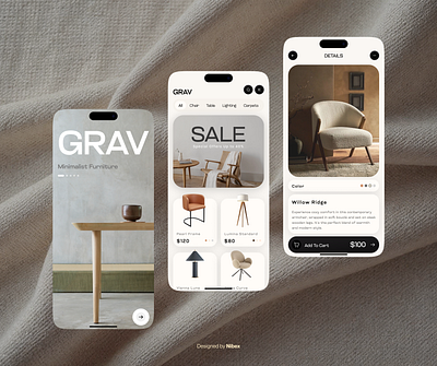 GRAV Furniture APP ⭐ app application chair dashboard design dashboard ui ecommerce design ecommerce website design figma furniture lamp logo inspiration minimal minimalist design product design shop ui ux website design