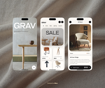 GRAV Furniture APP ⭐ app application chair dashboard design dashboard ui ecommerce design ecommerce website design figma furniture lamp logo inspiration minimal minimalist design product design shop ui ux website design