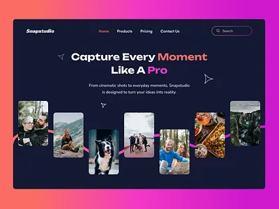 Camera website landing page adventure camera capture couple dogs food fun gradient hero hero section hiking landing page moments orange pets pink purple ui uiux website