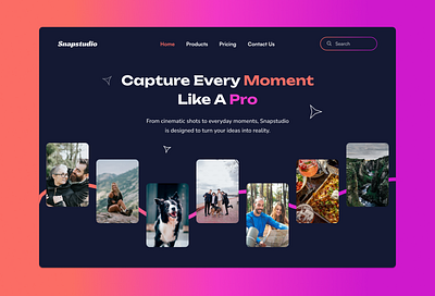 Camera website landing page adventure camera capture couple dogs food fun gradient hero hero section hiking landing page moments orange pets pink purple ui uiux website