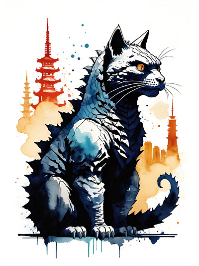 Catzilla! cat cats catzilla godzilla illustration japan kitty watercolor