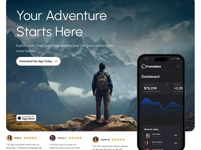 Hero section for Framer built with Frameblox UI adventure app cta feedback framer header headline hero landing mockup nature review template testimonials travel ui web