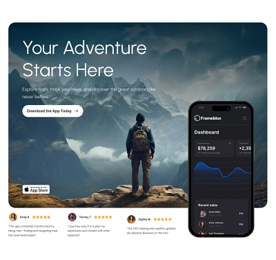 Hero section for Framer built with Frameblox UI adventure app cta feedback framer header headline hero landing mockup nature review template testimonials travel ui web