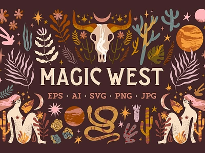 Magic West Bundle alchemy clipart day and night desert illustration bundle illustrations magic illustrations magic symbols mystical mythology sacred geometry symbols vintage west witch