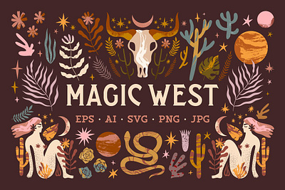 Magic West Bundle alchemy clipart day and night desert illustration bundle illustrations magic illustrations magic symbols mystical mythology sacred geometry symbols vintage west witch