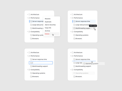 Interactive data tree with actions black blue clear data tree drag and drop edit mode grey minimal navigation product rename structure tree view ui ux web white