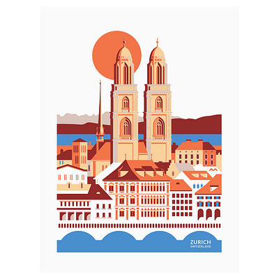 Zurich City Silkscreen Poster city illustration city map color palette colors digital illustration europe european flat colors geneva helvetia lucern poster schweiz silkscreen switzerland vector illustration vintage style zuerich zurich