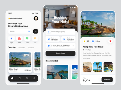 Travel App Home Page Hotel Booking & Destination Page Design app booking branding dailyui design hotel illustration travel ui ux web webdesigner