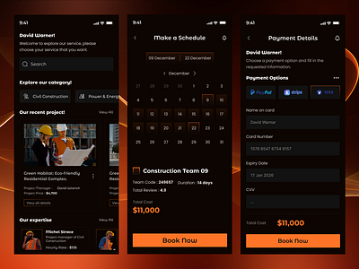 Construction Team Booking Mobile App UI/UX Design. android app clean design construction constructor dark ios landing page minimal design mobile mobile app mobile application mobile responsive modern design responsive ui uiux ux visual design worker